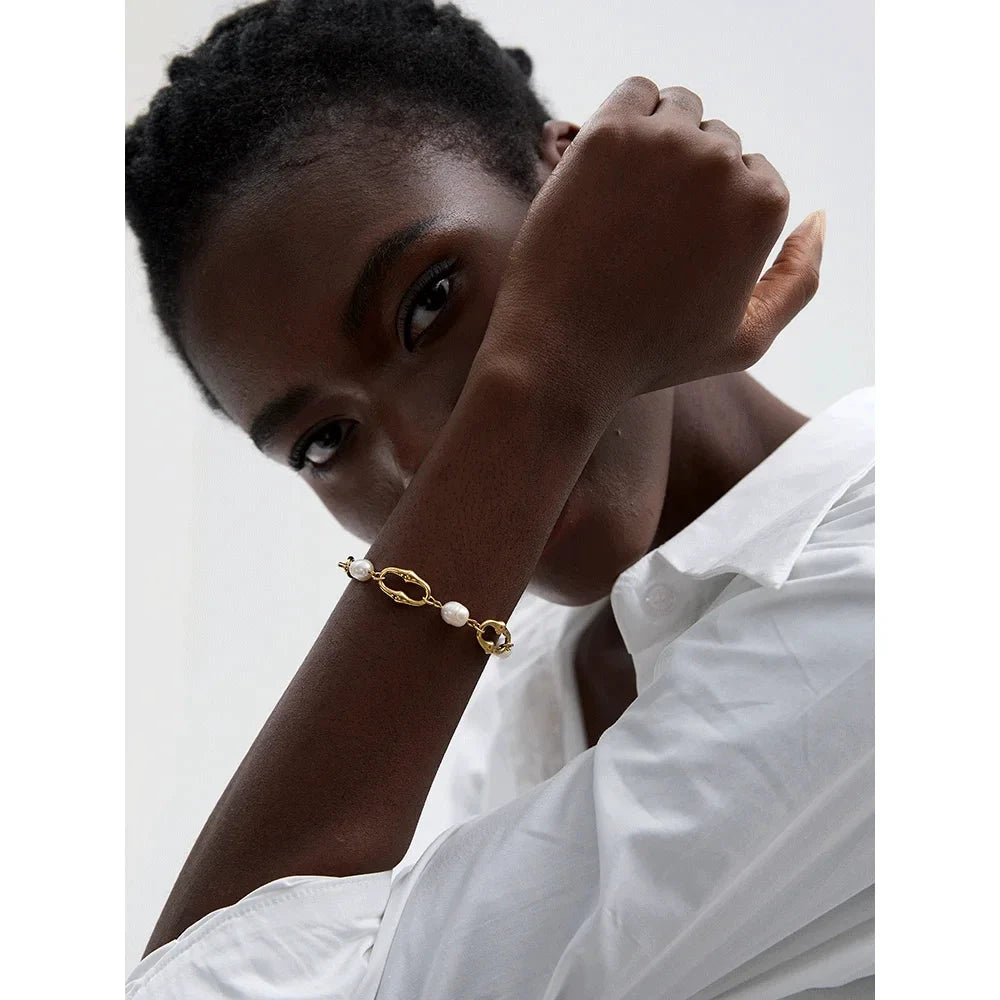 Freshwater Pearl & 18K Gold / Silver Chain Bracelet – Modern Sculptural Toggle Jewelry for Women by PoisedMe