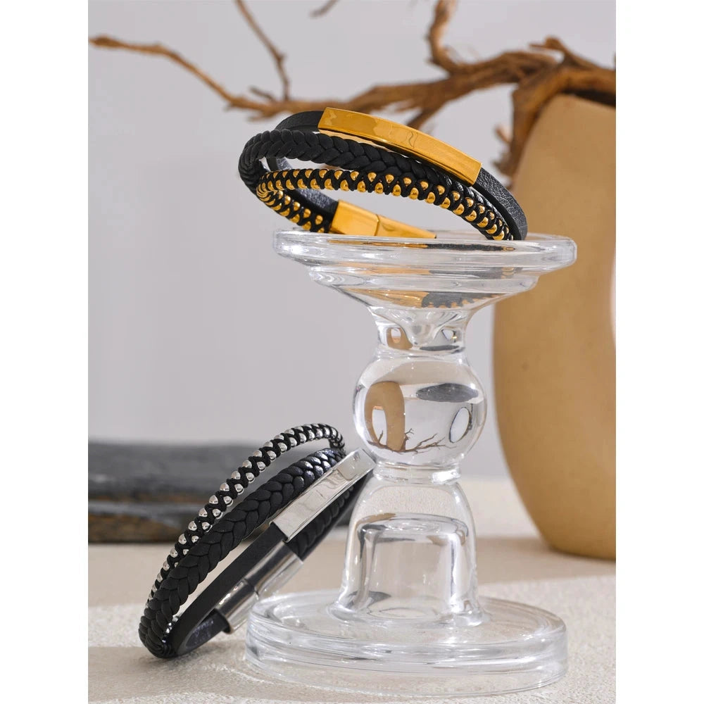 66mm Statement Black Leather Braided Double Layer Retro Bracelet Bangle for Men Stainless Steel Tarnish Resistant Jewelry by PoisedMe
