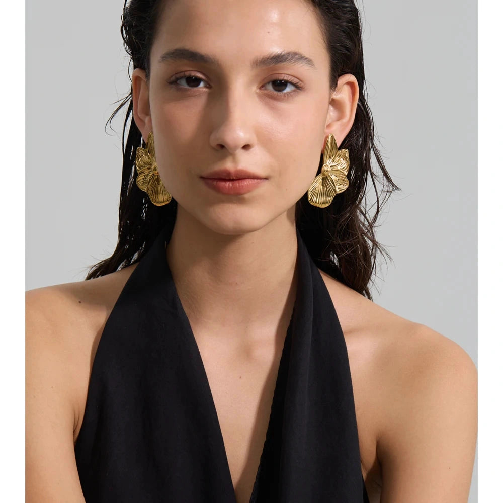 Stainless Steel Metal Petal Flower Stud Earrings 18K PVD Plated Versatile Daily Attractive Jewelry for Women Gift by PoisedMe