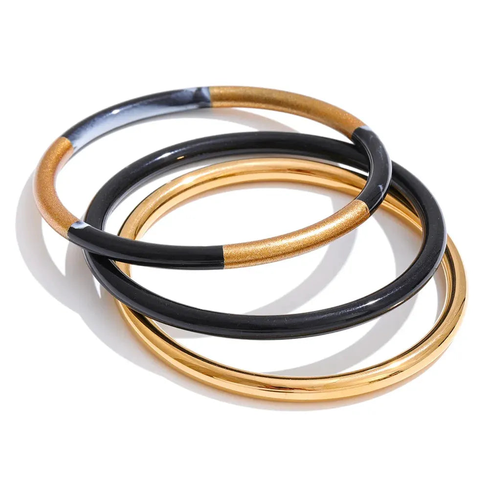 PoisedMe 1Set 65mm 3 Round Circle Resin Overlay Minimalist Bracelet Bangle Set 18K Gold Plated Stainless Steel Wrist Trend Jewelry -