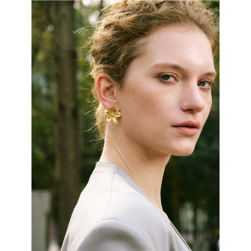 PoisedMe Yhpup Hot Style Stainless Steel Metal Flower Daily Stud Earrings Prevent Allergy Texture Versatile Trending Jewelry Recommend -