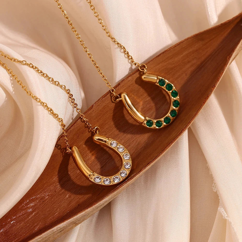 18K Gold Plated Sparkling Horseshoe U-shaped Pendant O-chain Women's Stainless Steel Necklace Jewelry On The Neck by PoisedMe