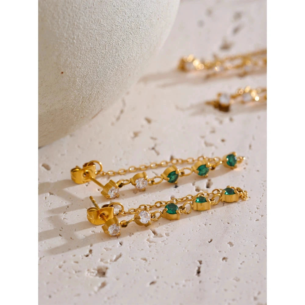 PoisedMe New Green White Cubic Zirconia Chain Drop Earrings Gold Color Stainless Steel PVD Plated Chic Fashion Jewelry 