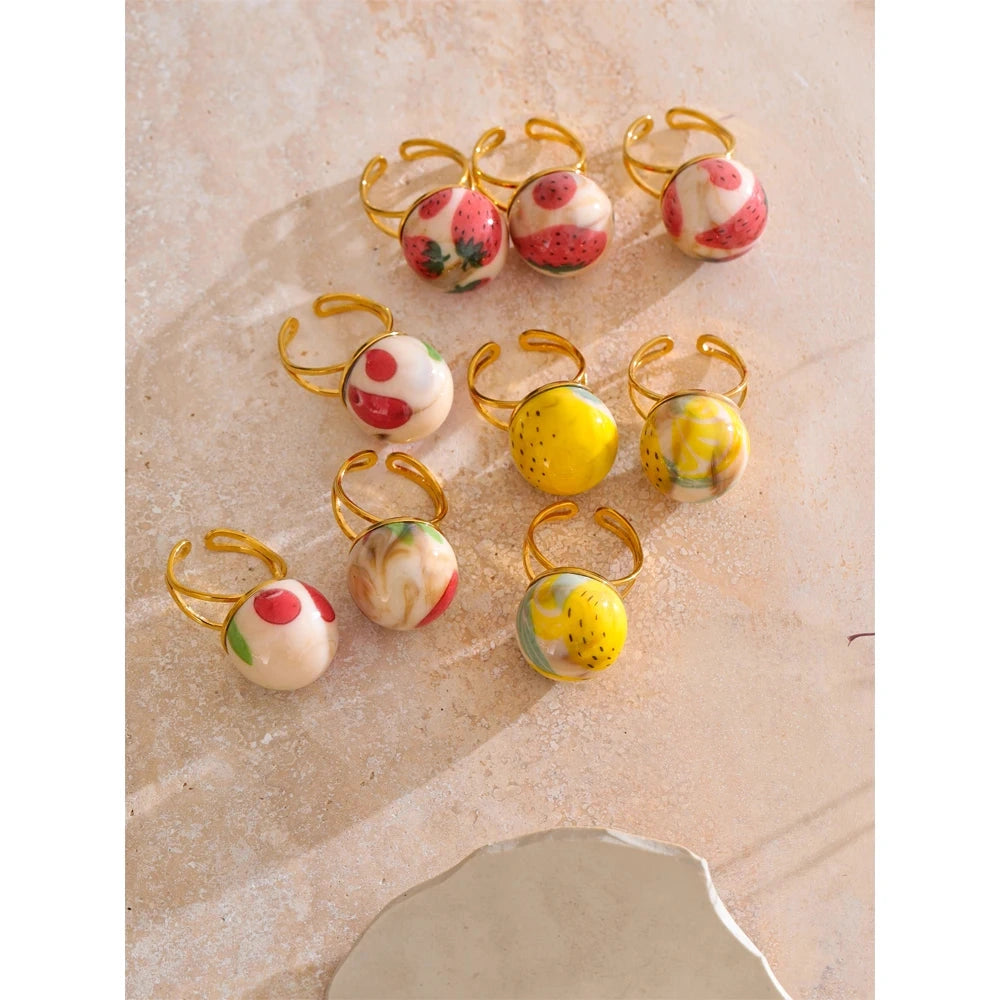 Candy Enamel Round Strawberry Pineapple Cherry Open Ring Adjustable Stainless Steel Exquisite Fashion Jewelry by PoisedMe