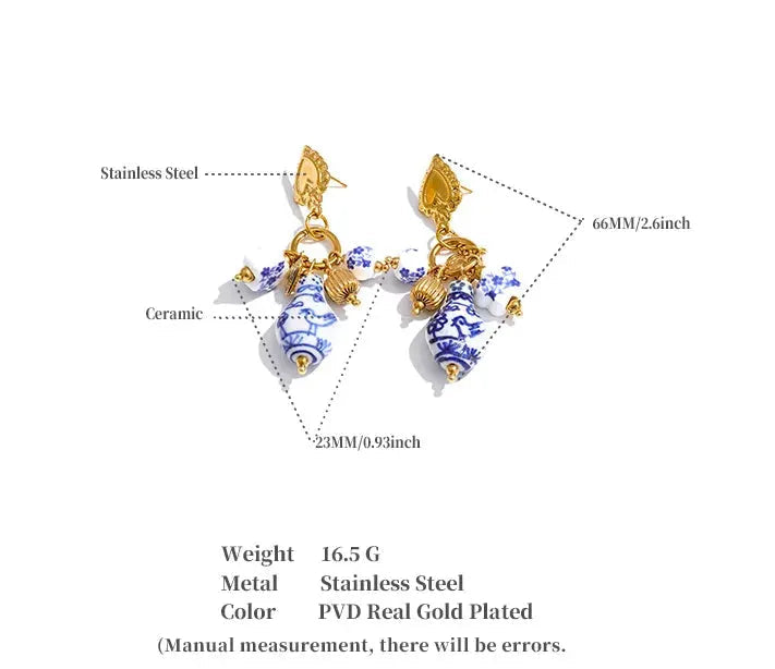 PoisedMe Ceramic Flower Heart Drop Earrings France Summer Handmade Charms Waterproof Vintage Jewelry Stainless Steel -