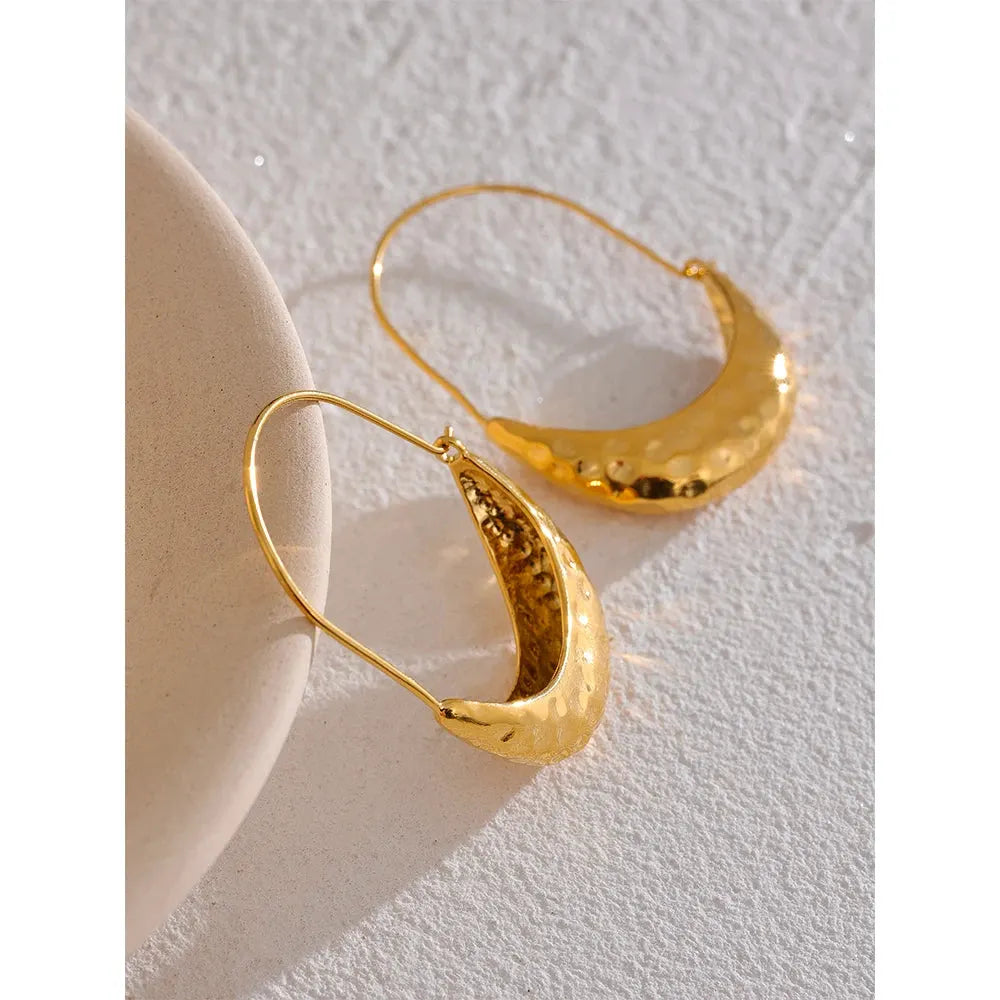 PoisedMe Golden Stainless Steel Drop Dangle Hoop Earrings Ear Hook Tarnish Free Minimalist Metal Texture Women Fashion Jewelry -