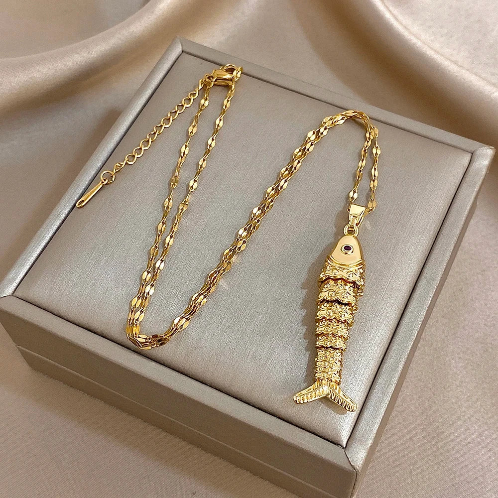 18K Gold Plated Stainless Steel Fish Pendant Necklace For Women Clavicle Choker by PoisedMe