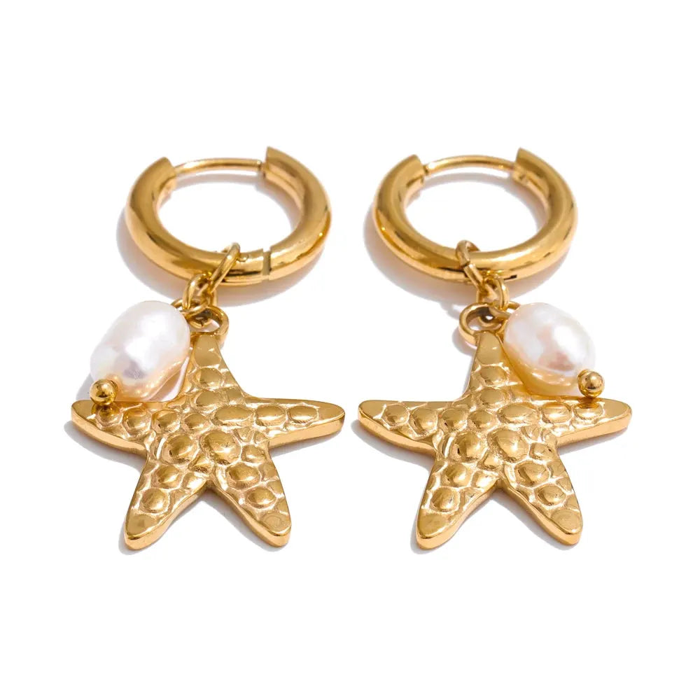 PoisedMe Ocean Style Natural Pearl Conch Shell Starfish Drop Summer Hoop Earrings for Women Stainless Steel Holiday Daily Jewelry -