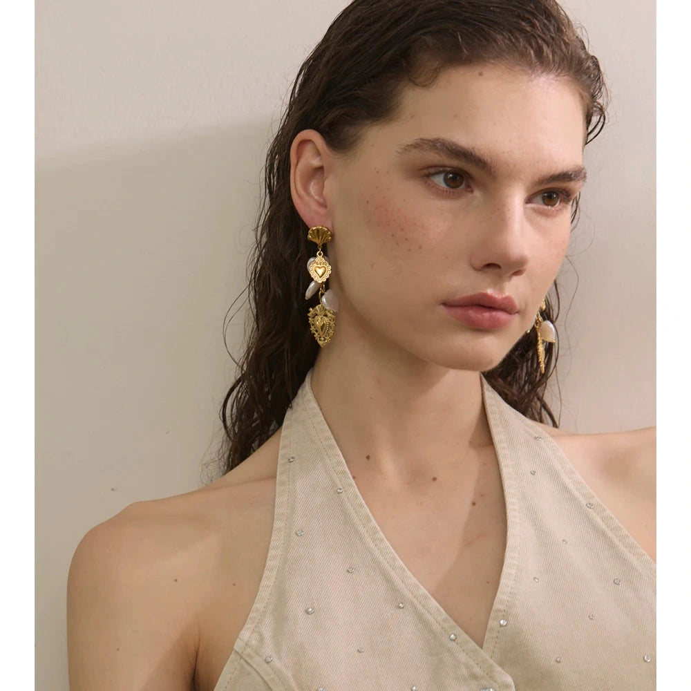 Baroque Imitation Pearls Heart Love Drop Dangle Manual Earrings Golden PVD Plated Stainless Steel Charm Statement Jewelry by PoisedMe