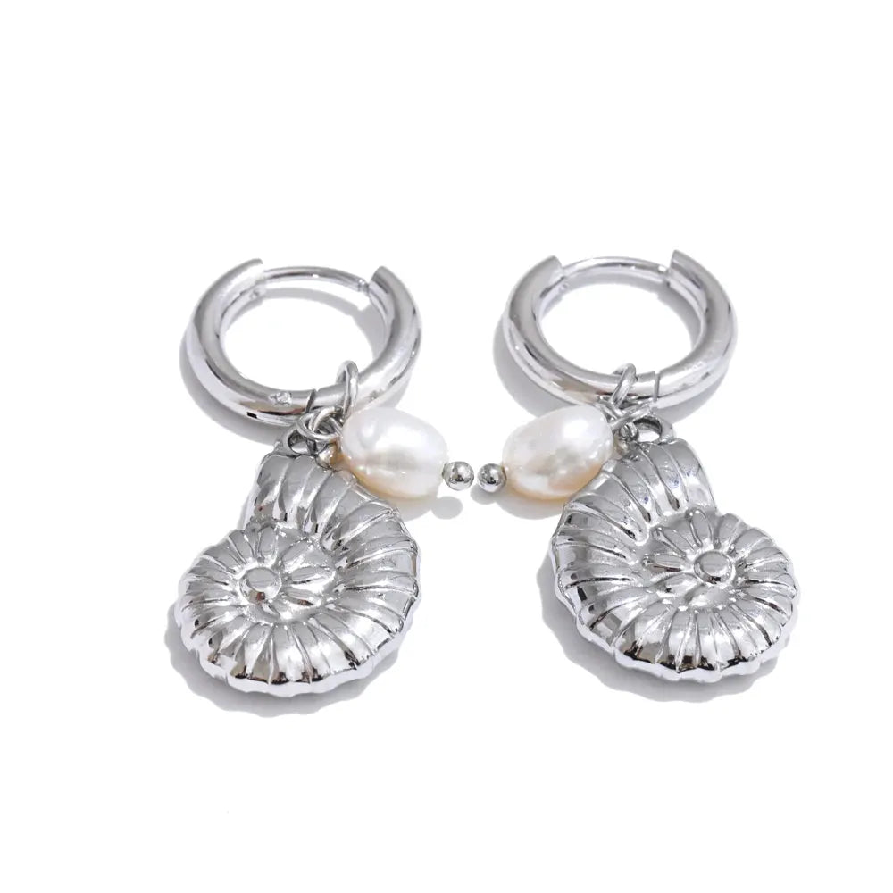 PoisedMe Ocean Style Natural Pearl Conch Shell Starfish Drop Summer Hoop Earrings for Women Stainless Steel Holiday Daily Jewelry -