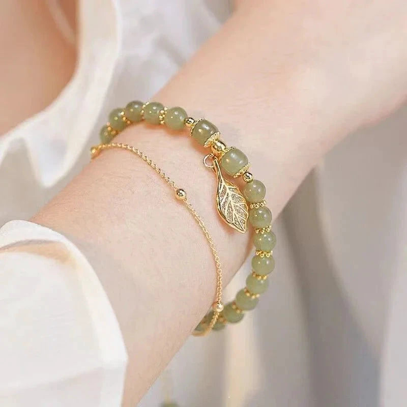 Chinese Style Green Jade Bracelet For Women Exquisite Gold Color Leaves Wrist Strap Bangle Double Chain Bracelet Girls Gifts by PoisedMe