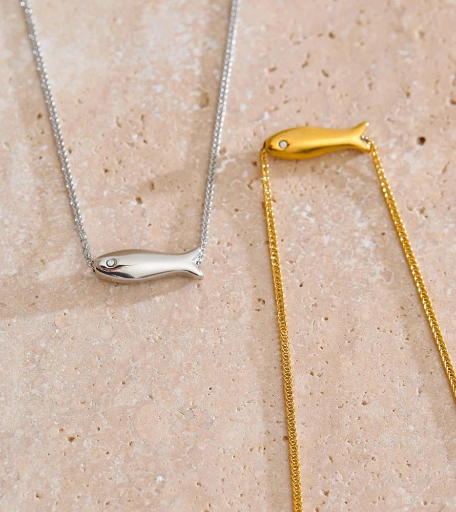 Gold &amp; Silver Fish Necklace – Zircon Accent Waterproof Stainless Steel Jewelry by PoisedMe