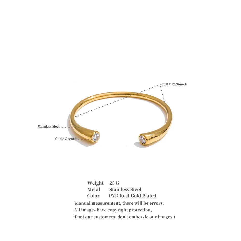 PoisedMe 60mm High Quality Stainless Steel Cubic Zirconia Cuff Open Bracelet Bangle for Women Smooth Metal Casual Modern Jewelry -