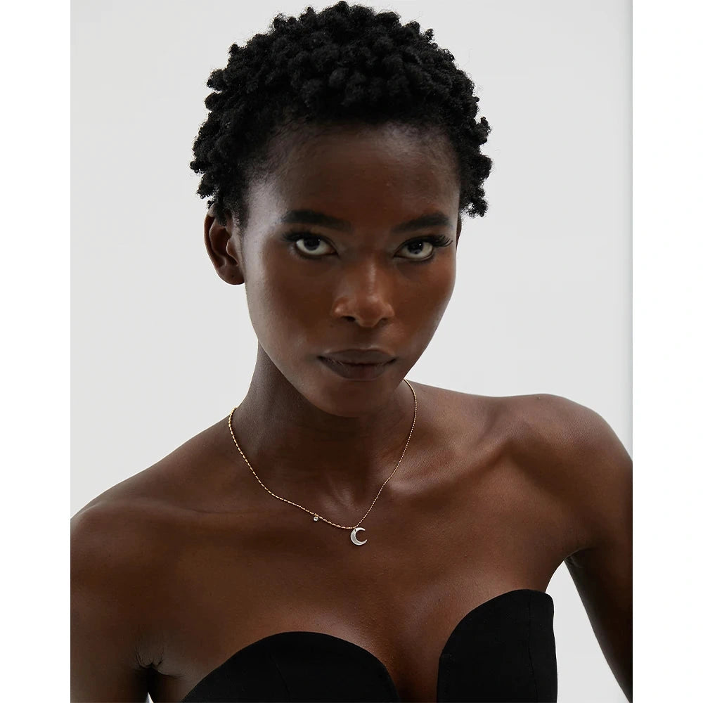 Stainless Steel White Shell Moon Pendant Chic Necklace Unique Gold Color Beads Chain Zircon Collar Charm Delicate Jewelry by PoisedMe