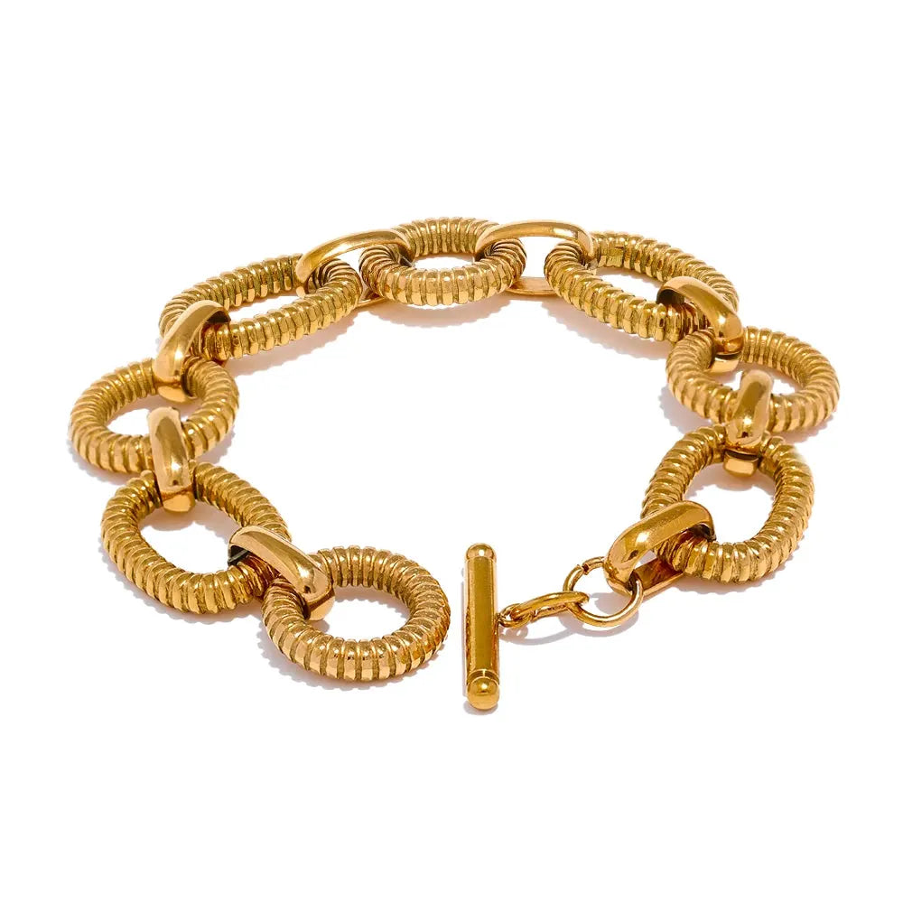 PoisedMe 316L Stainless Steel Metal Texture Oval Chain Bracelet Bangle Men Women 18K PVD Plated Toggle-Clasps Statement Jewelry -