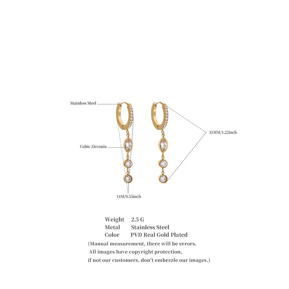 PoisedMe High Quality Stainless Steel Cubic Zirconia Chain Drop Dangle Earrings Daily Stainless Steel Fashion Premium Women Jewelry -
