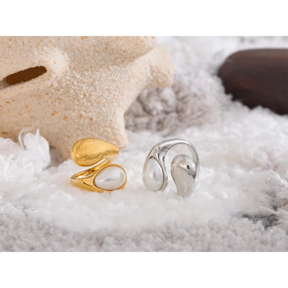 Fashion Imitation Pearl Water Drop Finger Ring Women 316L Stainless Steel Elegant Gold Platinum Plated Jewelry by PoisedMe