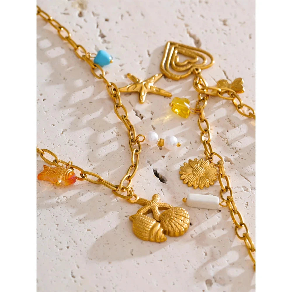 Ocean Style Stainless Steel Pearl Shell Starfish Flower Chilli Drop Charm Necklace Golden Plated Handmade Holiday Jewelry by PoisedMe