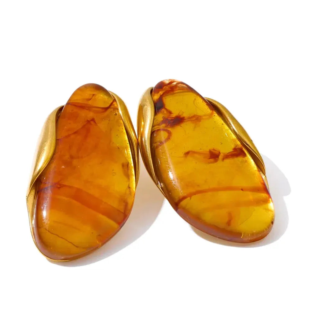 PoisedMe Brown Green Beige Resin Geometric Adjustable Ring Golden PVD Stainless Steel Rust Proof Finger Jewelry Gift -