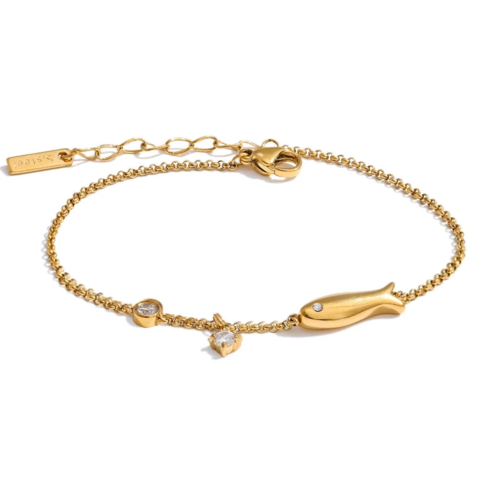 Stainless Steel Zirconia Fish Chain Bracelet Bangle Waterproof PVD Plated Ocean Series Summer Fashion Thin Jewelry by PoisedMe