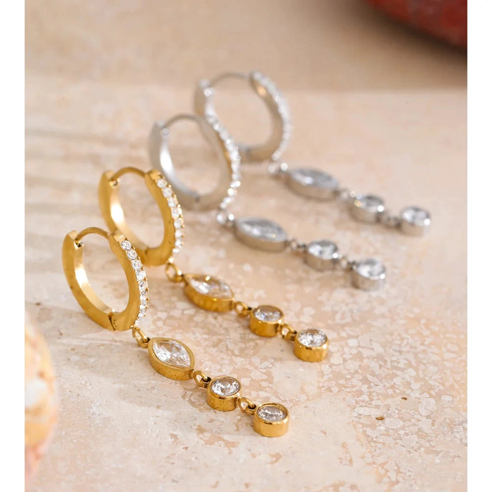 PoisedMe High Quality Stainless Steel Cubic Zirconia Chain Drop Dangle Earrings Daily Stainless Steel Fashion Premium Women Jewelry -