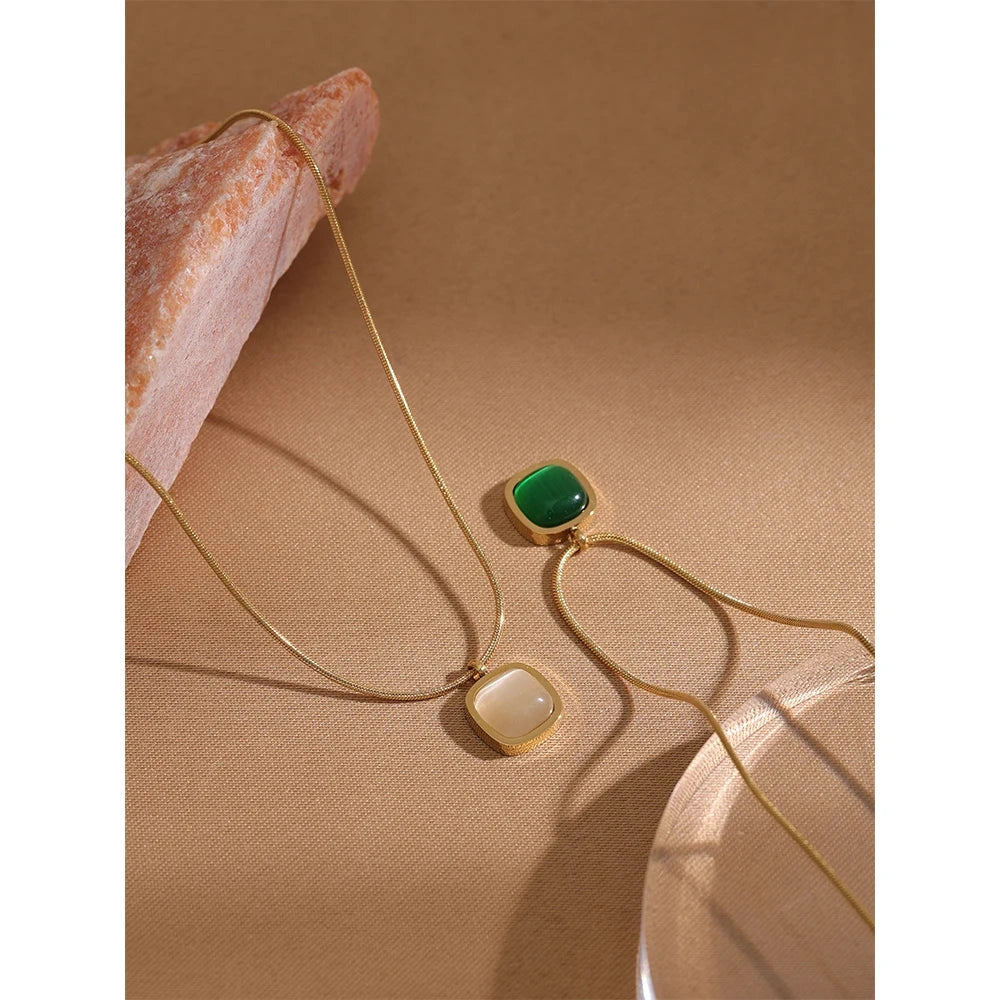 Square Green Opal Stone Pendant Drop Dangle Necklace for Women Charm Jewelry Minimalist Geometric Stainless Steel Necklace by PoisedMe