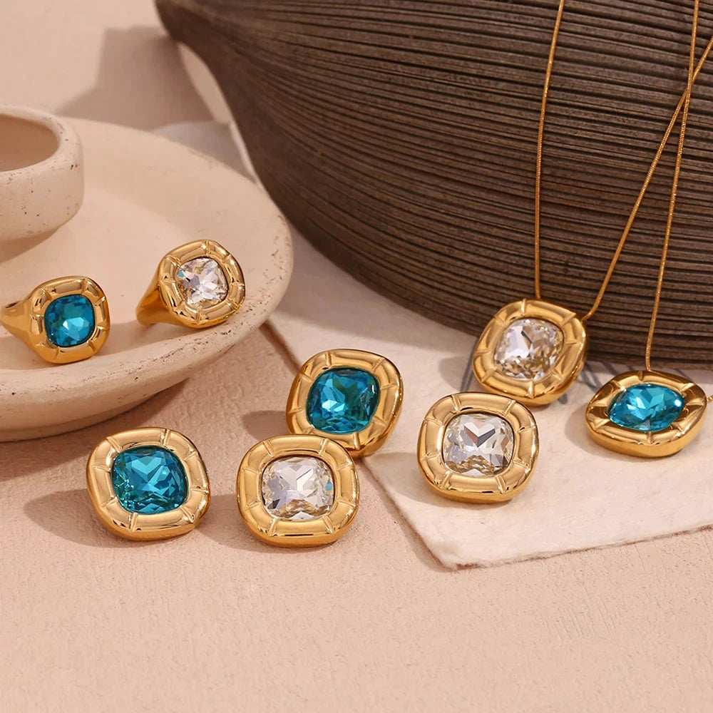 Rounded Square 18K Gold Plated Stainless Steel Zircon Necklace Earring Ring Women's Fashionable Waterproof Jewelry by PoisedMe
