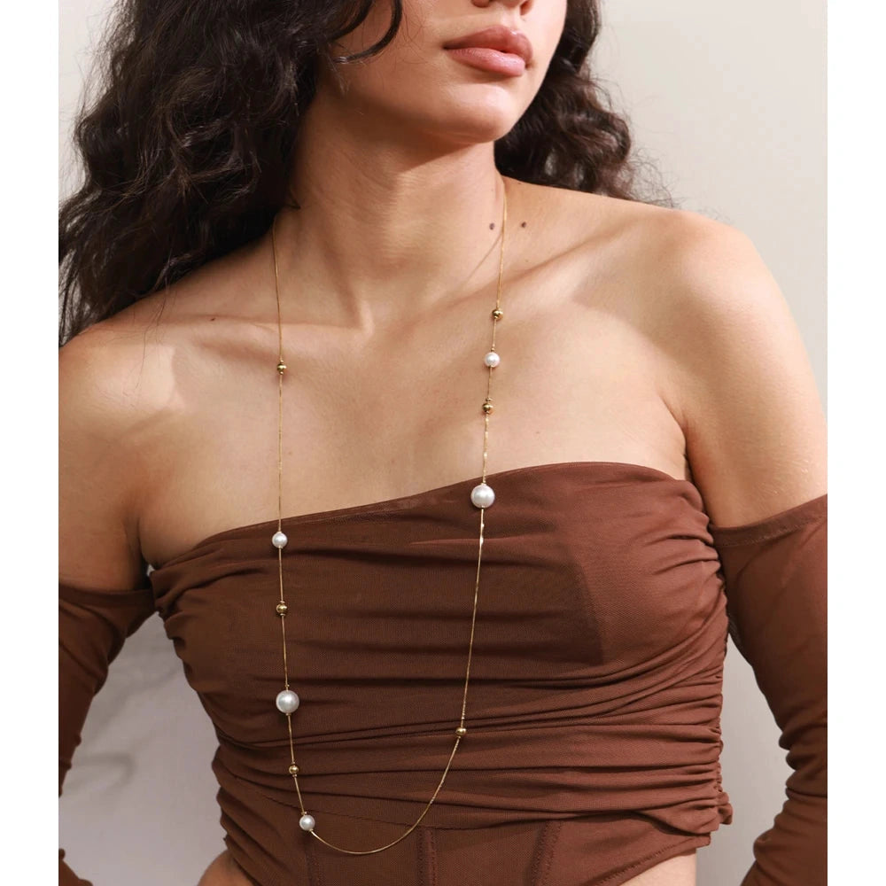 PoisedMe Yhpup 92+5cm Double-Layer Chain Overlay Necklace Stainless Steel 4-Season Jewelry Sweater Chain Accessories Simulated Pearls -