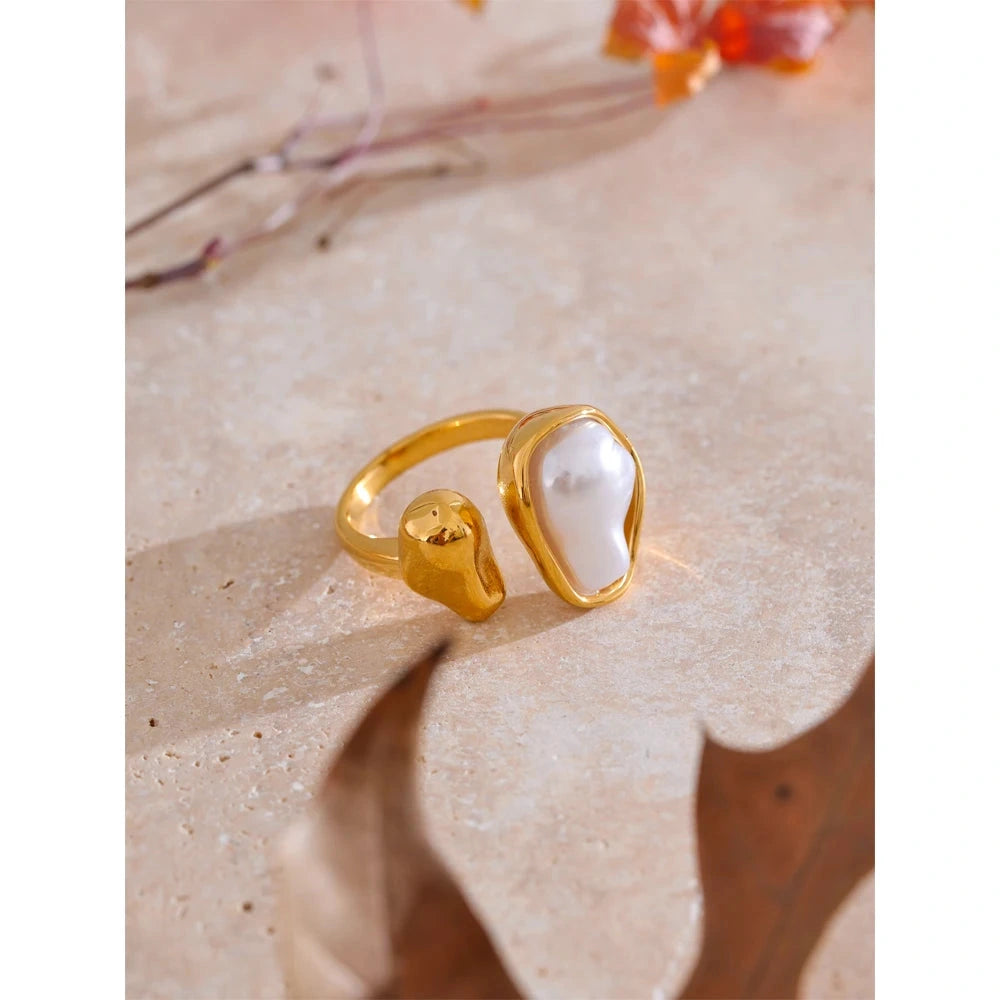 18K Golden PVD Plated Stainless Steel Cast Finger Open Artificial Baroque Pearl Ring Rust Resistant Fashion Jewelry by PoisedMe