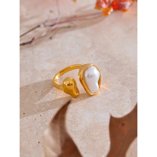 18K Golden PVD Plated Stainless Steel Cast Finger Open Artificial Baroque Pearl Ring Rust Resistant Fashion Jewelry by PoisedMe