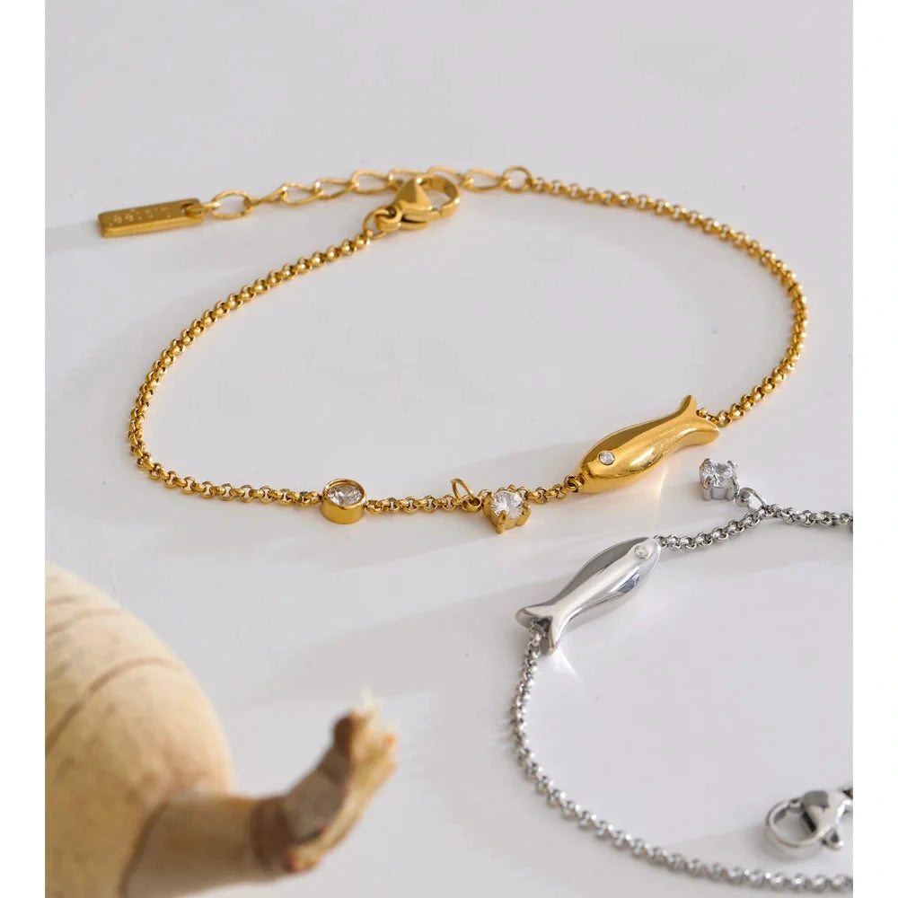 Stainless Steel Zirconia Fish Chain Bracelet Bangle Waterproof PVD Plated Ocean Series Summer Fashion Thin Jewelry by PoisedMe