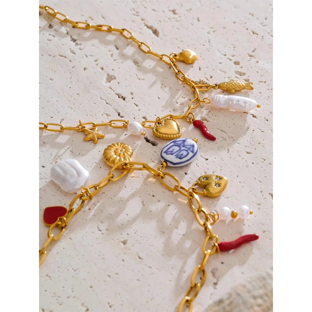 Ocean Style Stainless Steel Pearl Shell Starfish Flower Chilli Drop Charm Necklace Golden Plated Handmade Holiday Jewelry by PoisedMe