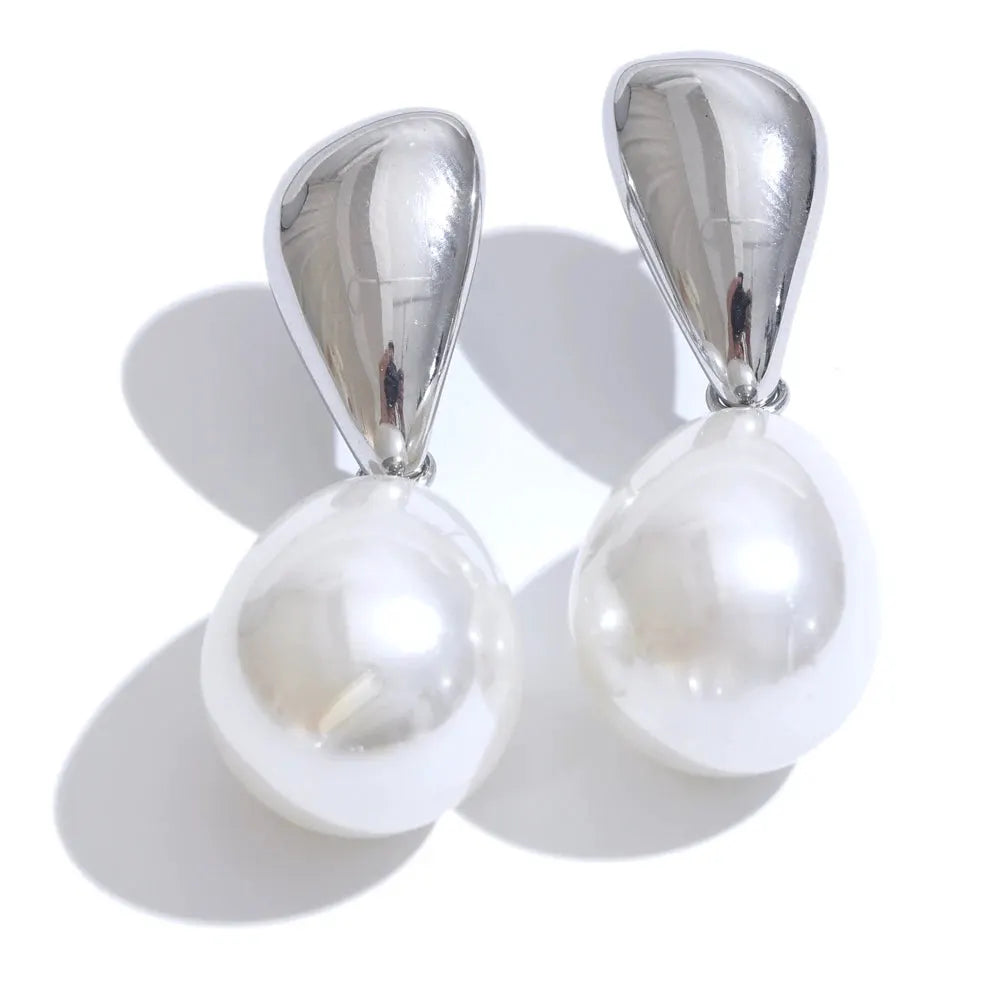 PoisedMe Simulated Pearls Geometric Drop Elegant Earrings Stylish Stainless Steel Versatile Daily Jewelry Gift -