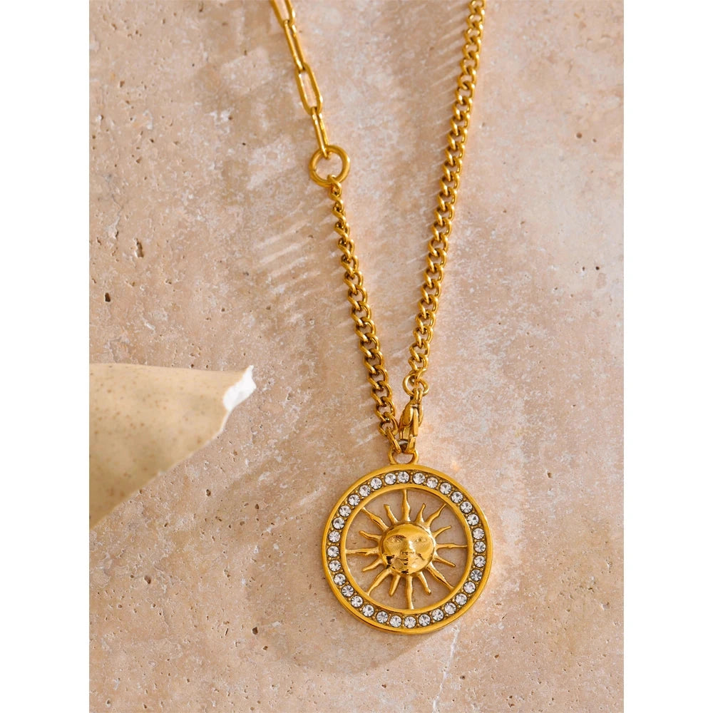 Hot Style Zirconia Round Sun Hollow Pendant Necklace 18K Gold Color Stainless Steel Exquisite Premium Jewelry Gift by PoisedMe