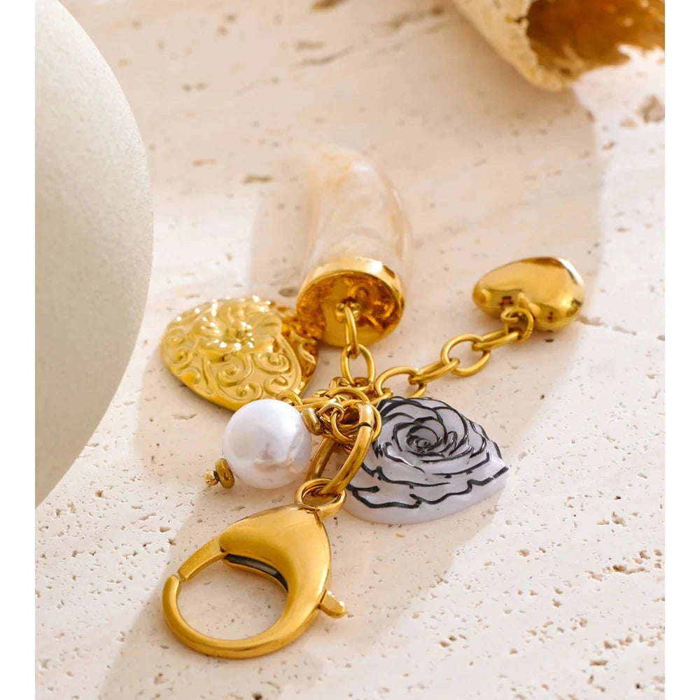 Fashion Resin Flower Heart Horn Chain Pendant Key Chain for Women Stainless Steel Lanyard Key Ring Bag Accessories by PoisedMe