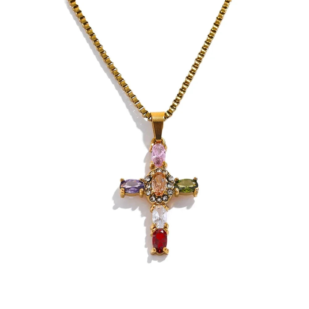 Cubic Zirconia Cross Necklace – Multicolor or Silver-Plated Luxury Pendant by PoisedMe