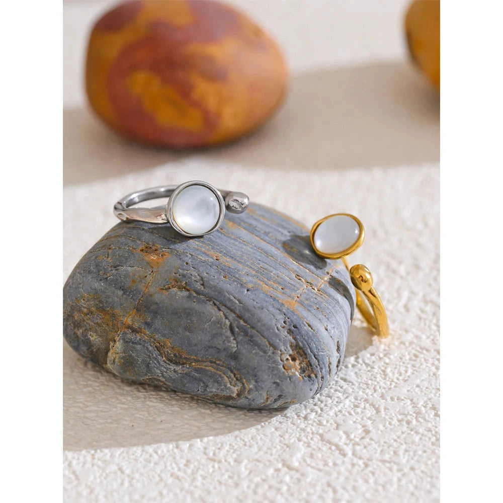 Fashion Stainless Steel Natural Shell Fritillary Geometric Ring 18K PVD Plated Jewelry Bagues Pour Femme Gift by PoisedMe