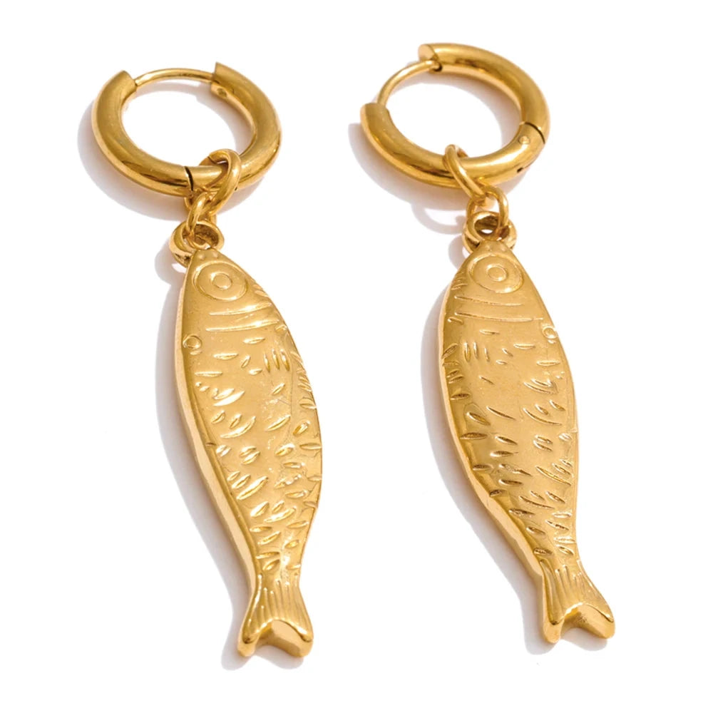 Ocean Stainless Steel Metal Fish Pendant Necklace Earrings Rust Proof Golden PVD Plated Trendy Fashion Jewelry by PoisedMe