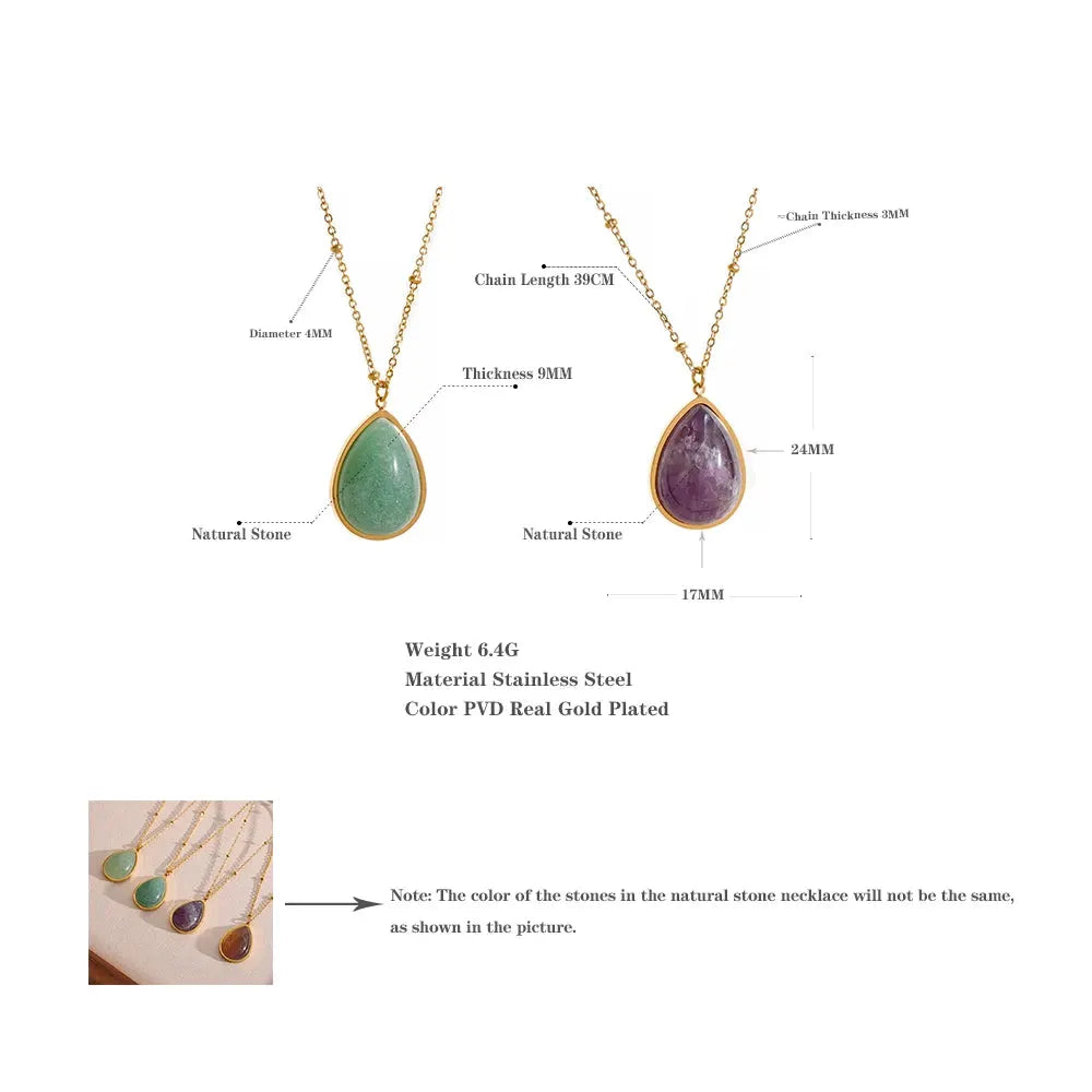 PoisedMe Water Drop Amethyst Green Aventurine Natural Stone Necklace Stainless Steel Fashion Charm Pendant Jewelry Tarnish Free -