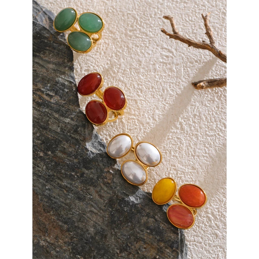 Natural Aventurine Agate Shell Pearl Flower Adjustable Stainless Steel Ring by PoisedMe