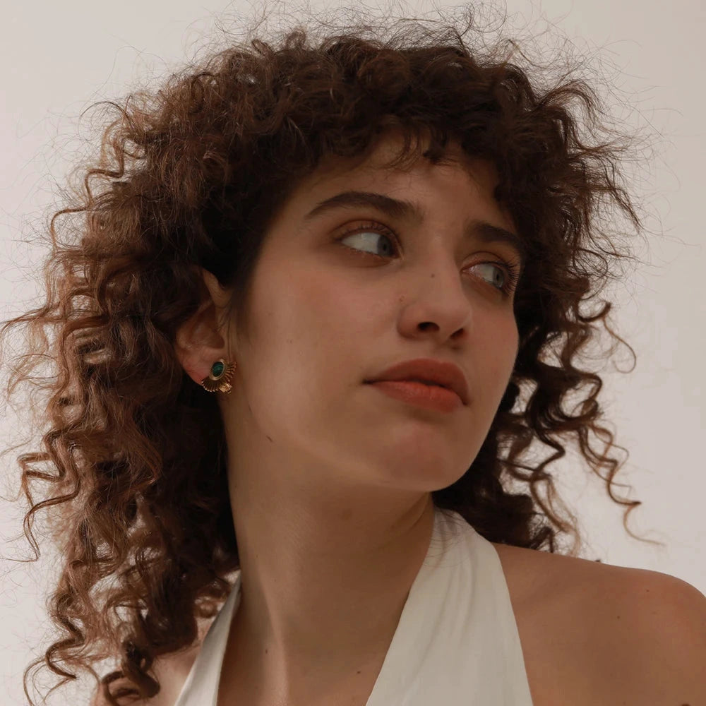 Stainless Steel Black Stone Ear Clip Earrings Statement Golden Metal Sun Flower Earrings for Women Bijoux Femme Gala Gift by PoisedMe