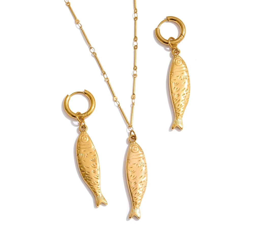Ocean Stainless Steel Metal Fish Pendant Necklace Earrings Rust Proof Golden PVD Plated Trendy Fashion Jewelry by PoisedMe