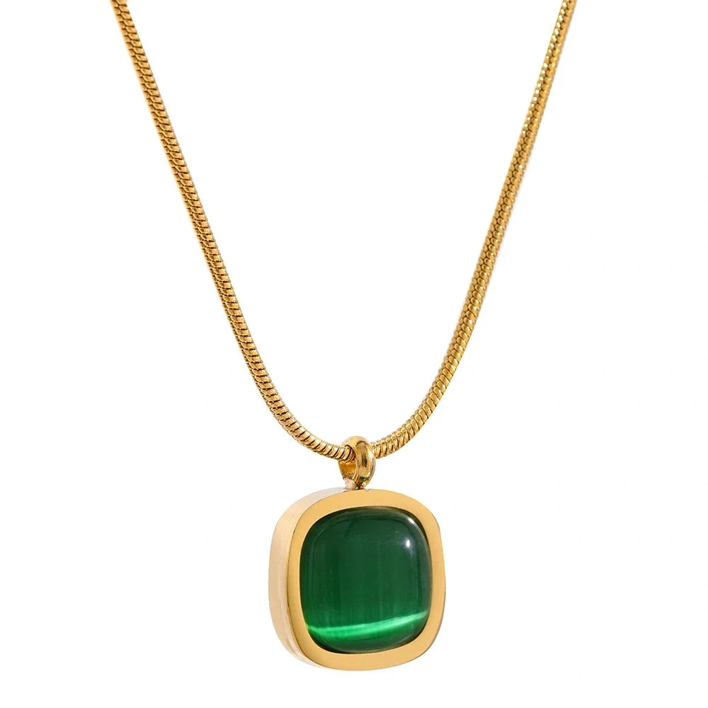 Square Green Opal Stone Pendant Drop Dangle Necklace for Women Charm Jewelry Minimalist Geometric Stainless Steel Necklace by PoisedMe
