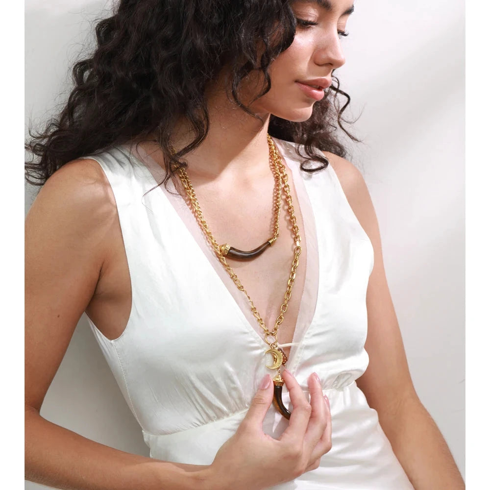 Stainless Steel Double-Layer Resin Horn Pendant Necklace 18K Golden PVD Plated Waterproof Charm Jewelry Gift by PoisedMe