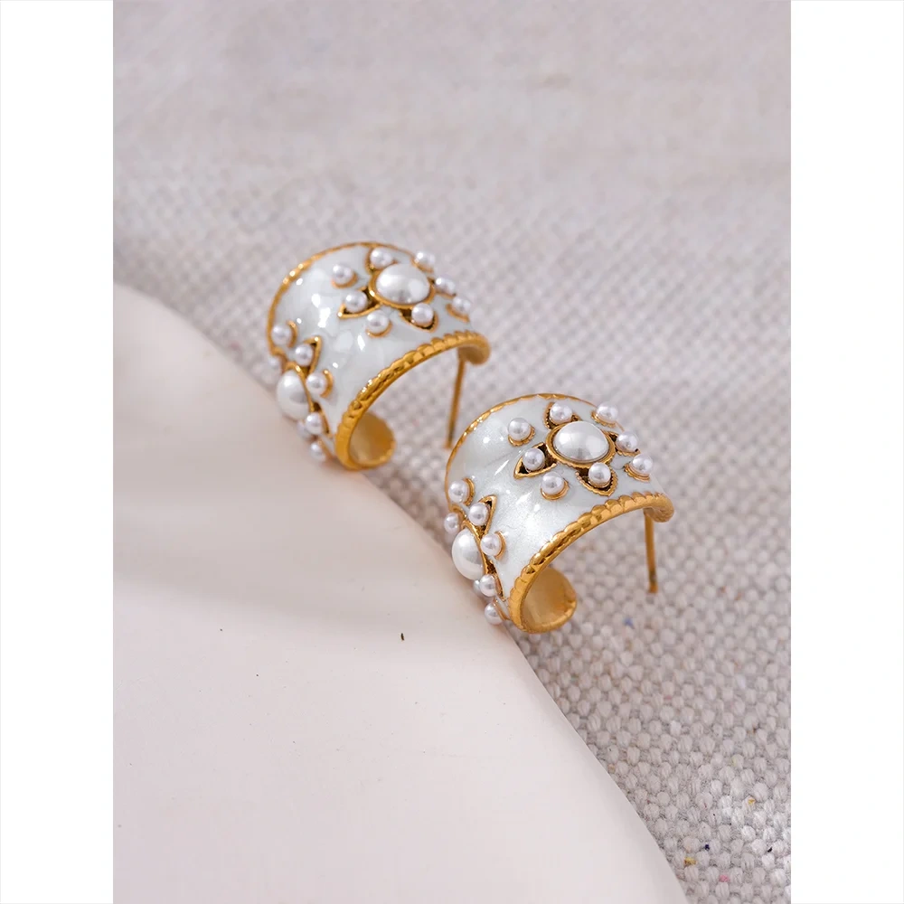 PoisedMe Exquisite Imitation Pearls White Enamel Metal Stainless Steel Flower Geometric Earrings Chic Daily Fashion Jewelry New -