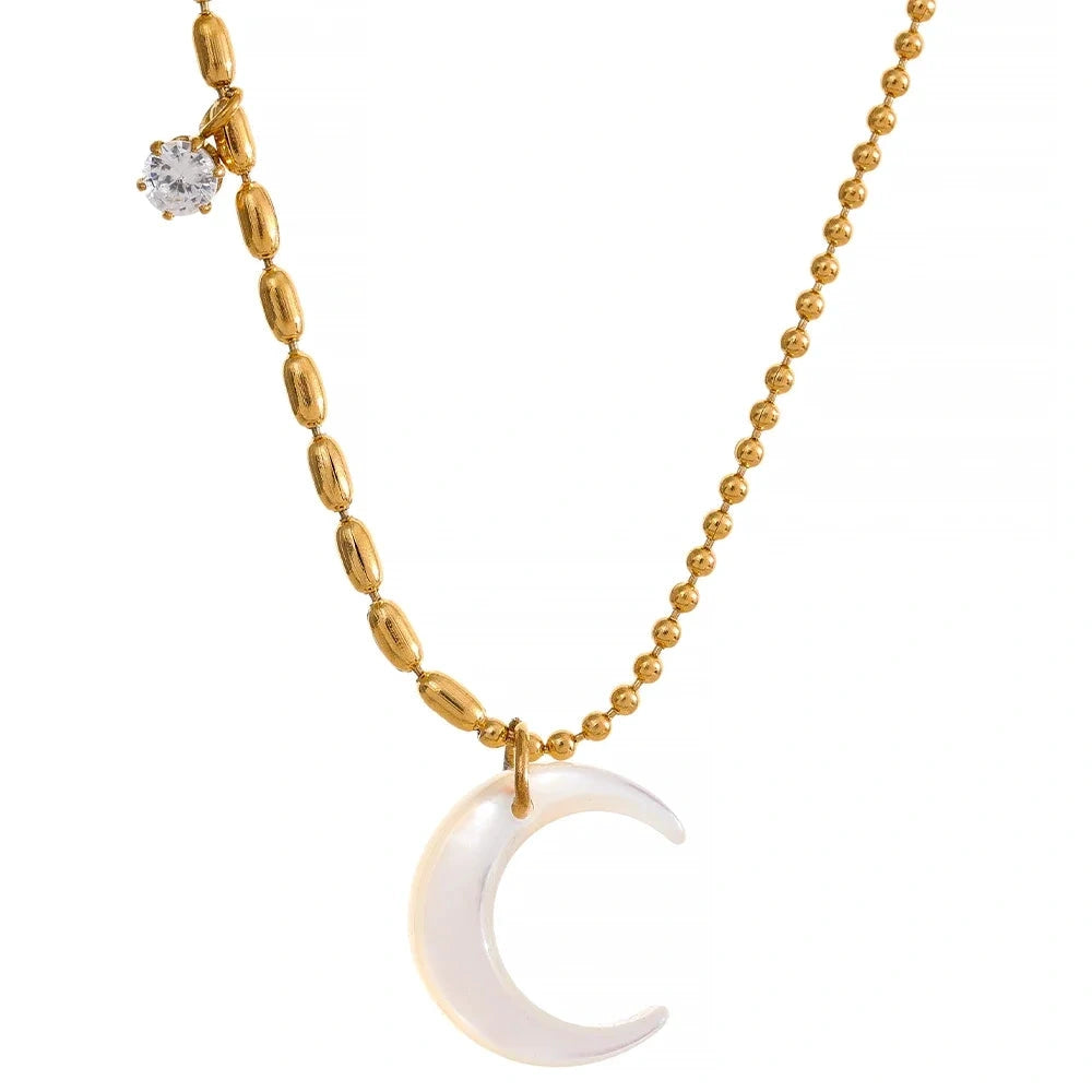Stainless Steel White Shell Moon Pendant Chic Necklace Unique Gold Color Beads Chain Zircon Collar Charm Delicate Jewelry by PoisedMe