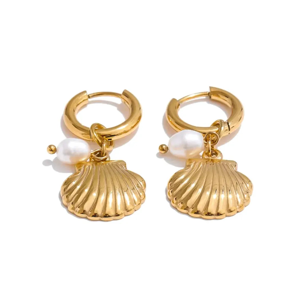 Poised Me Ocean Style Natural Pearl Conch Shell Starfish Drop Summer Hoop Earrings for Women Stainless Steel Holiday Daily Jewelry -