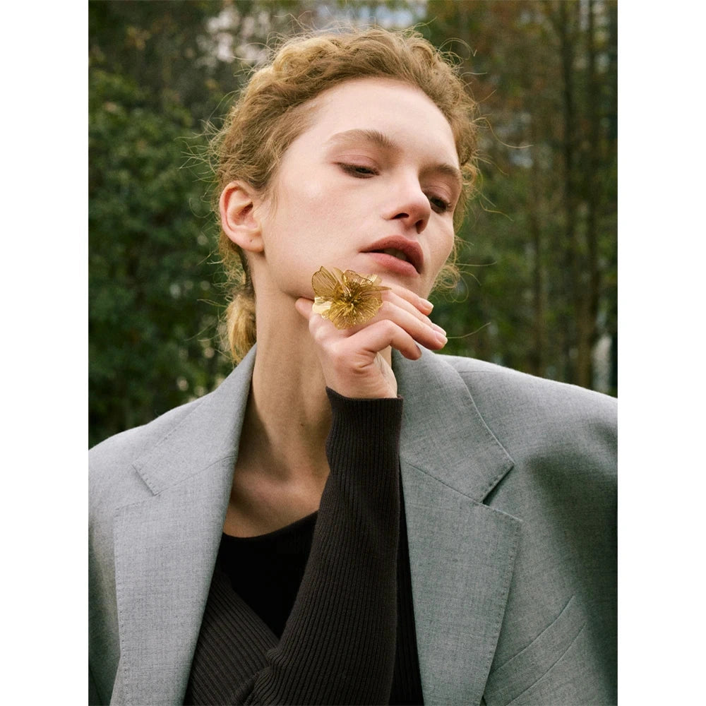 Exclusive Stainless Steel Metal Flower Adjustable Ring Women Hyperbole Personality Fashion Finger Jewelry Gift PVD Plated by PoisedMe