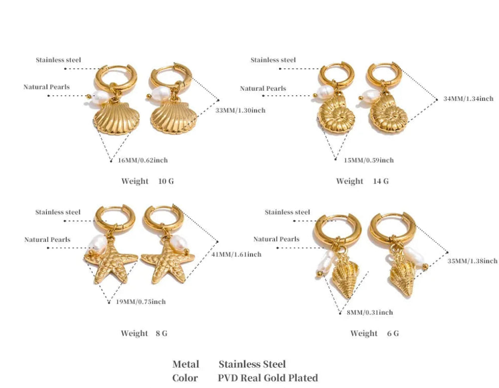 Poised Me Ocean Style Natural Pearl Conch Shell Starfish Drop Summer Hoop Earrings for Women Stainless Steel Holiday Daily Jewelry -