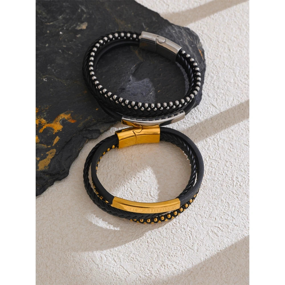66mm Statement Black Leather Braided Double Layer Retro Bracelet Bangle for Men Stainless Steel Tarnish Resistant Jewelry by PoisedMe